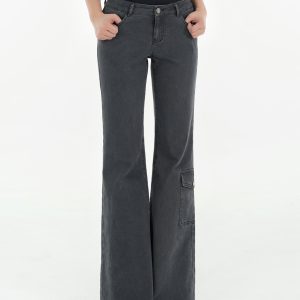 Vintage Ash Gray Low-Rise Flared Jeans - Washed 90s Style Denim for a Retro Look