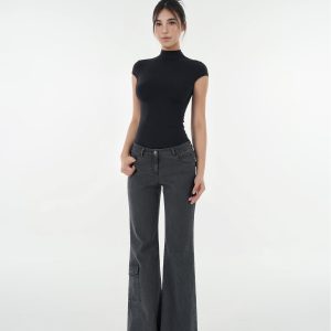 Vintage Ash Gray Low-Rise Flared Jeans - Washed 90s Style Denim for a Retro Look