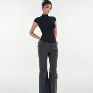 Vintage Ash Gray Low-Rise Flared Jeans - Washed 90s Style Denim for a Retro Look