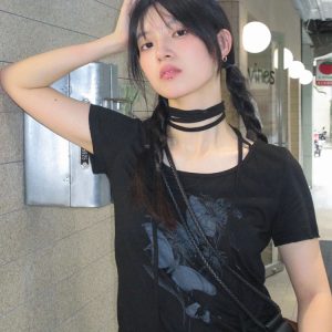 Vintage Black Butterfly Print Tie-Up Cotton T-Shirt for Women - Slim Fit Short Sleeve Summer Top in Sweet and Spicy Style