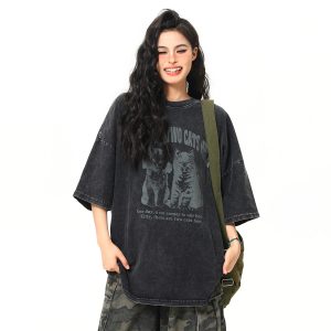 Vintage Black Cat Printed Short Sleeve T-Shirt for Women - Loose Wash-Distressed Summer Tee, Trendy 90s Couple Style