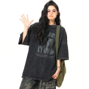 Vintage Black Cat Printed Short Sleeve T-Shirt for Women - Loose Wash-Distressed Summer Tee, Trendy 90s Couple Style