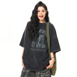 Vintage Black Cat Printed Short Sleeve T-Shirt for Women - Loose Wash-Distressed Summer Tee, Trendy 90s Couple Style