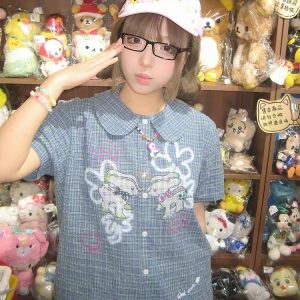 Vintage Blue Checkered Dress for Women - Summer Doll Collar Design with Lucky Little Deer, Trendy Short Skirt