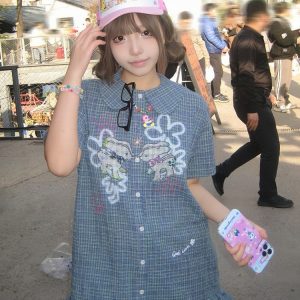 Vintage Blue Checkered Dress for Women - Summer Doll Collar Design with Lucky Little Deer, Trendy Short Skirt