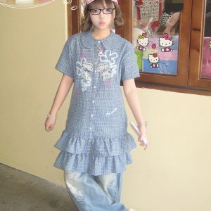 Vintage Blue Checkered Dress for Women - Summer Doll Collar Design with Lucky Little Deer, Trendy Short Skirt