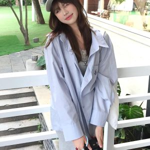 Vintage Blue Long Sleeve Shirt Jacket for Women - Summer Sun Protection Casual Loose Mid-Length Top