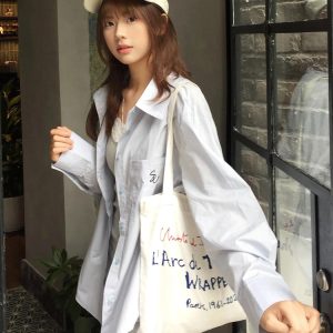 Vintage Blue Long Sleeve Shirt Jacket for Women - Summer Sun Protection Casual Loose Mid-Length Top