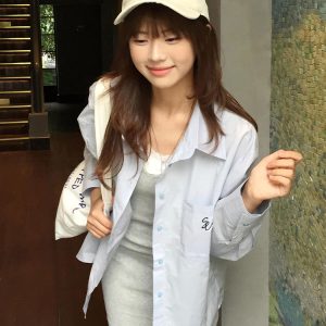 Vintage Blue Long Sleeve Shirt Jacket for Women - Summer Sun Protection Casual Loose Mid-Length Top