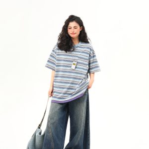 Vintage Blue Striped Short Sleeve T-Shirt for Women - Loose Fit Summer Top - High-End American Style Fashion