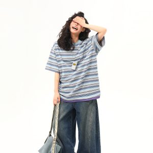 Vintage Blue Striped Short Sleeve T-Shirt for Women - Loose Fit Summer Top - High-End American Style Fashion