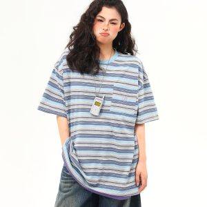 Vintage Blue Striped Short Sleeve T-Shirt for Women - Loose Fit Summer Top - High-End American Style Fashion