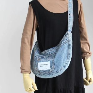Vintage Blue Washed Denim Cowboy Half-Moon Dumpling Bag - Versatile Shoulder Crossbody Underarm Bag for Cool Y2K Style