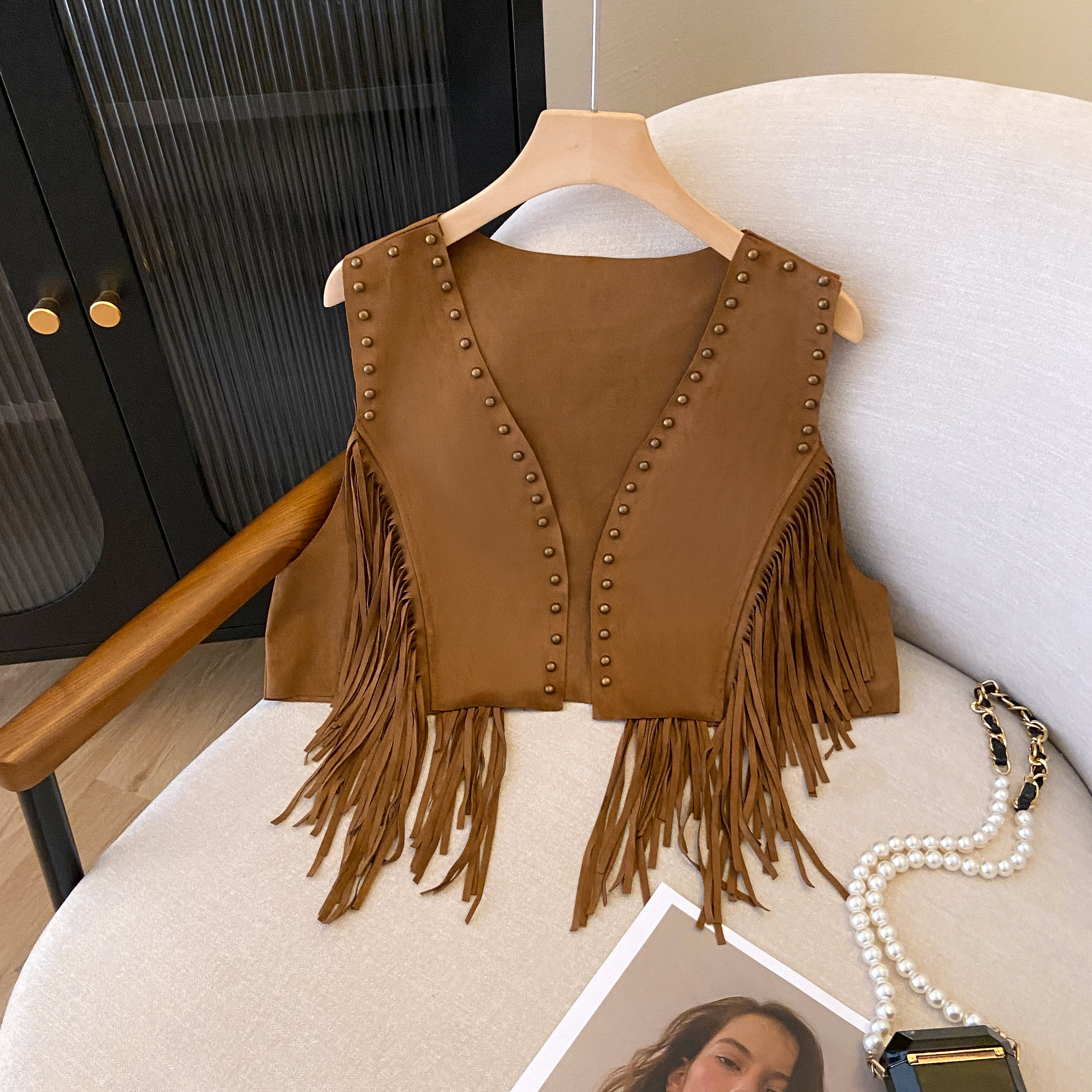 Vintage Bohemian Suede Fringe Vest for Women - Studded Short Crop Top, Prairie Style, Boho Chic Fashion