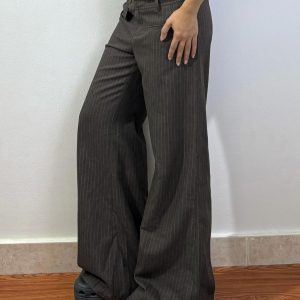 Vintage British Striped Asymmetrical Pocket Wide-Leg Pants for Women, Retro Loose Straight-Leg Trousers, Y2K Style