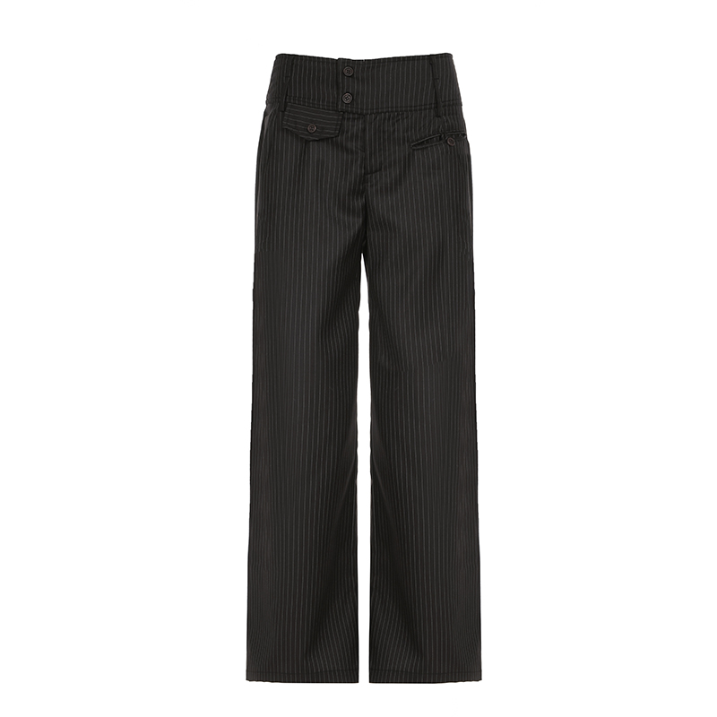 Vintage British Striped Asymmetrical Pocket Wide-Leg Pants for Women, Retro Loose Straight-Leg Trousers, Y2K Style