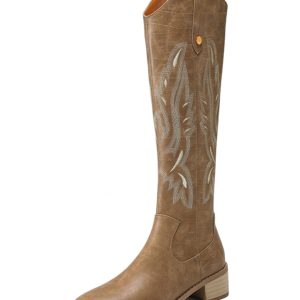 Vintage Brown Embroidered Western Cowboy Boots for Women - Pointed Toe Long Tube Design, Chunky Heel Summer Riding Boots