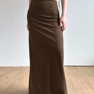 Vintage Brown Straight Retro Long Skirt for Women with Back Slit - Stylish Low Waist Design, Perfect for Y2K and 90s Fashion