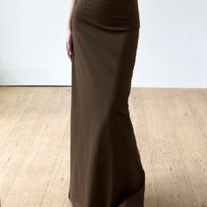 Vintage Brown Straight Retro Long Skirt for Women with Back Slit - Stylish Low Waist Design, Perfect for Y2K and 90s Fashion