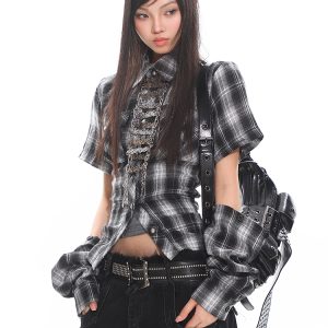 Vintage Brushed Plaid Backless Hollow-Out Short Sleeve Shirt with Detachable Straps - Y2K Fashion Trend