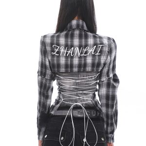 Vintage Brushed Plaid Backless Hollow-Out Short Sleeve Shirt with Detachable Straps - Y2K Fashion Trend