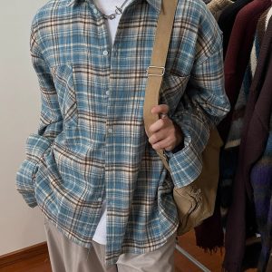 Vintage Brushed Plaid Long Sleeve Shirt for Men & Women, Pleated Pocket, Casual Couple's Jacket, Spring & Autumn Fashion