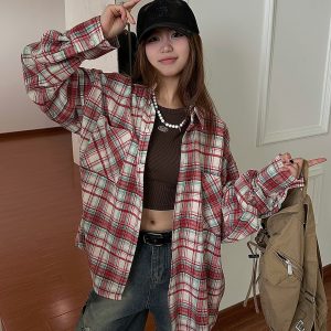 Vintage Brushed Plaid Long Sleeve Shirt for Men & Women, Pleated Pocket, Casual Couple's Jacket, Spring & Autumn Fashion