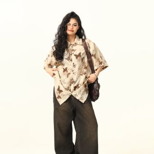 Vintage Butterfly Print Short Sleeve Shirt for Women - Retro American Style Summer Top, 90s Inspired Fashion