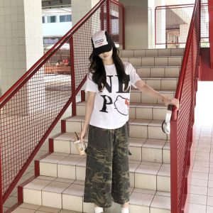 Vintage Camouflage Work Pants for Men & Women, Loose Straight-Leg Wide-Leg Trousers, 8/10 Length, Y2K Streetwear Style
