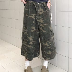 Vintage Camouflage Work Pants for Men & Women, Loose Straight-Leg Wide-Leg Trousers, 8/10 Length, Y2K Streetwear Style