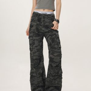 Vintage Camouflage Workwear Pants for Men and Women - Loose Straight Leg Flared Wide-Leg Casual Streetwear 90s Style