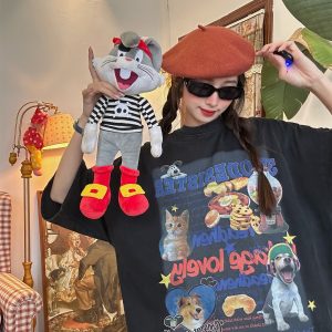 Vintage Cartoon Cat and Dog Print Half Sleeve T-Shirt for Women, Washed Distressed Loose Style, 90s Inspired Casual Top