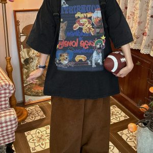 Vintage Cartoon Cat and Dog Print Short Sleeve T-Shirt, Washed Distressed Loose Fit Top for Women, Y2K Inspired Fashion