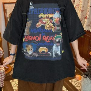 Vintage Cartoon Cat and Dog Print Short Sleeve T-Shirt, Washed Distressed Loose Fit Top for Women, Y2K Inspired Fashion