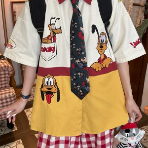 Vintage Cartoon Embroidered Patchwork Short Sleeve Shirt - Fun Pluto Design, Loose Fit, Retro Style for 90s and Y2K Fashion Lovers