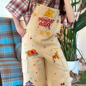 Vintage Cartoon Embroidered Work Overalls for Couples - Retro Heavy-Duty Cropped Pants for Men and Women, Y2K Casual Style