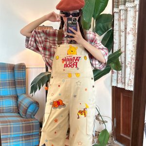 Vintage Cartoon Embroidered Work Overalls for Couples - Retro Heavy-Duty Cropped Pants for Men and Women, Y2K Casual Style