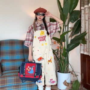 Vintage Cartoon Embroidered Work Overalls for Couples - Retro Heavy-Duty Cropped Pants for Men and Women, Y2K Casual Style