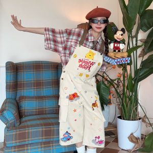 Vintage Cartoon Embroidered Work Overalls for Couples - Retro Heavy-Duty Cropped Pants for Men and Women, Y2K Casual Style