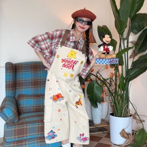 Vintage Cartoon Embroidered Work Overalls for Couples - Retro Heavy-Duty Cropped Pants for Men and Women, Y2K Casual Style