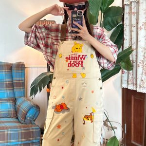 Vintage Cartoon Embroidered Work Overalls for Couples - Retro Heavy-Duty Cropped Pants for Men and Women, Y2K Casual Style