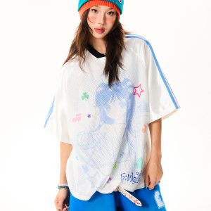 Vintage Cartoon Girl Jersey Short Sleeve T-Shirt for Women - Loose Fit V-Neck Top, Summer Casual Style