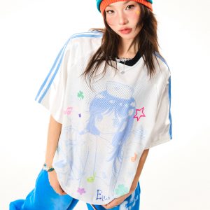 Vintage Cartoon Girl Jersey Short Sleeve T-Shirt for Women - Loose Fit V-Neck Top, Summer Casual Style