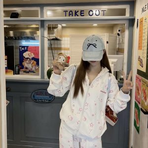 Vintage Cartoon Hooded Cardigan and Pants Set for Women - Loose Casual American Style Outfit