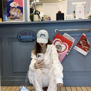 Vintage Cartoon Hooded Cardigan and Pants Set for Women - Loose Casual American Style Outfit