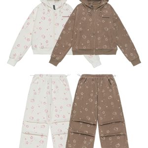 Vintage Cartoon Hooded Cardigan and Pants Set for Women - Loose Casual American Style Outfit