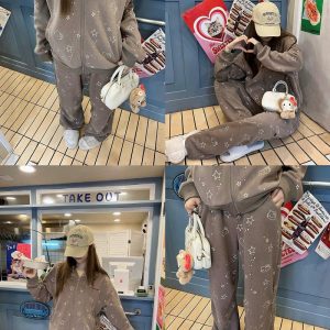 Vintage Cartoon Hooded Cardigan and Pants Set for Women - Loose Casual American Style Outfit