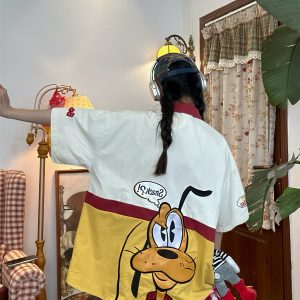 Vintage Cartoon Patchwork Short Sleeve Shirt - Handmade American Retro Style with Embroidered Pluto - Fun 90s Loose Fit Top