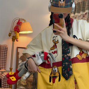 Vintage Cartoon Patchwork Short Sleeve Shirt - Handmade American Retro Style with Embroidered Pluto - Fun 90s Loose Fit Top