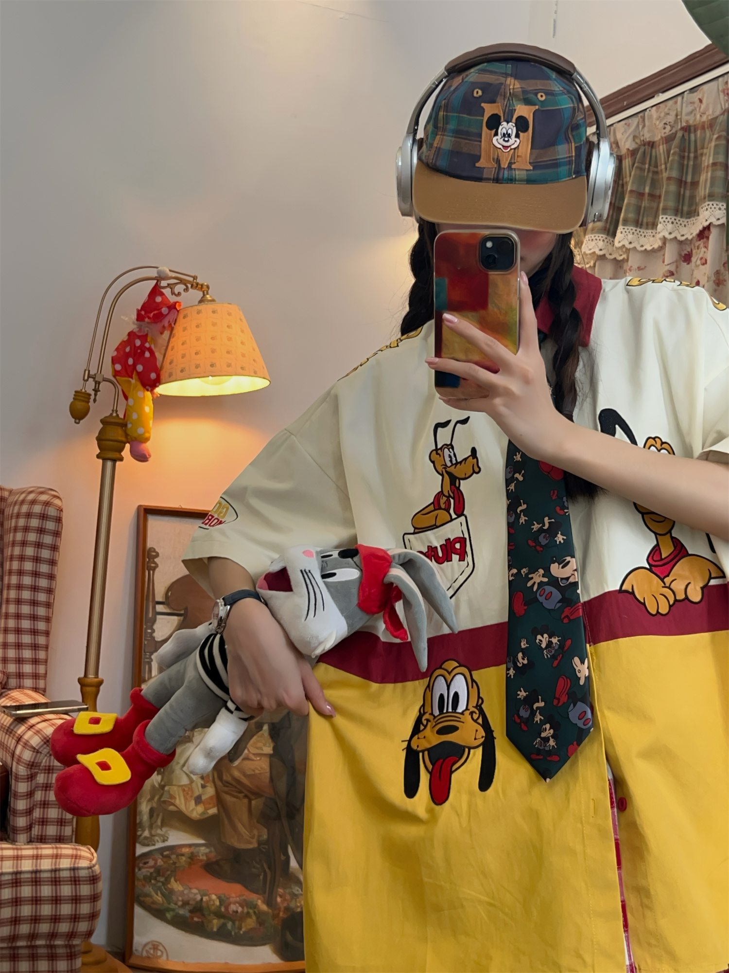 Vintage Cartoon Patchwork Short Sleeve Shirt - Handmade American Retro Style with Embroidered Pluto - Fun 90s Loose Fit Top Vintage Cartoon Patchwork Short Sleeve Shirt - Handmade American Retro Style with Embroidered Pluto - Fun 90s Loose Fit Top